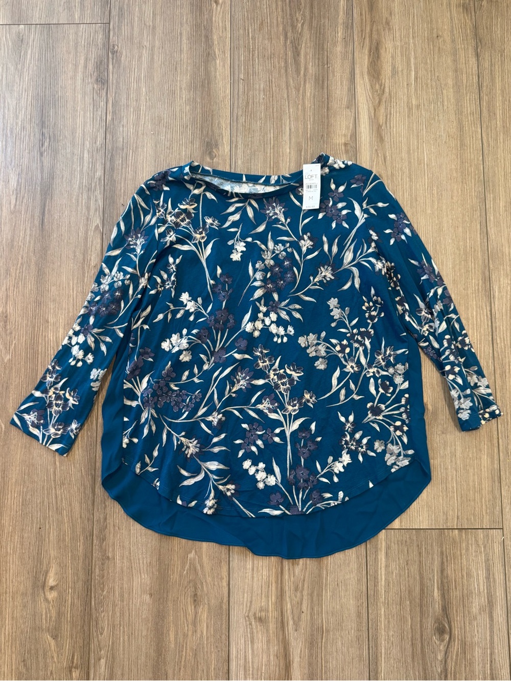 NWT LOFT Teal Floral Three Quarter Length Sleeve Blouse size M